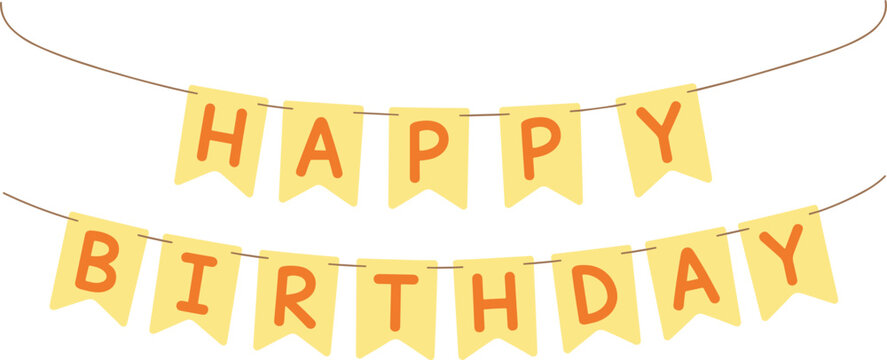 Happy Birthday Hanging Bunting Banner With Yellow Pennants And Orange Typography Vector