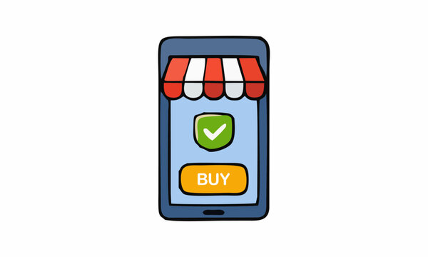 line art color of smartphone displaying a secure online shopping application