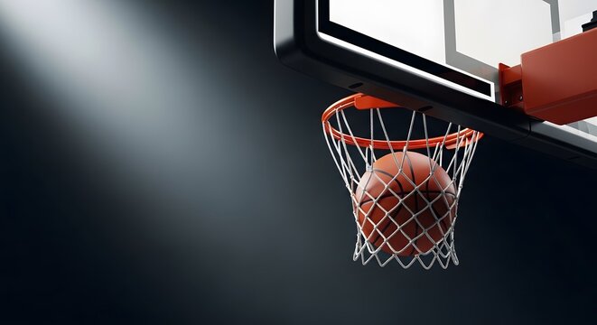 dramatic basketball swish moment with ball passing through hoop under spotlight, close up low angle shot of basketball scoring with dark background, intense sports scene with basketball net and rim il