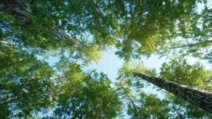 Obraz premium Wide-Angle View of a Lush Canopy in a Serene Forest Beneath a Brightly Lit Sky