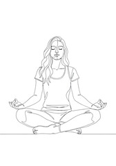 Obraz premium Ultra realistic photo of minimalist continuous line art: young woman with wavy hair in lotus yoga pose and mudra, on a transparent background with copy space, concept of mindfulness and peace