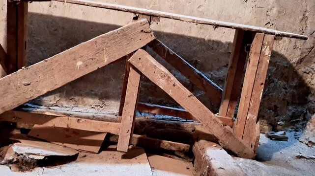 Aged wooden beams arranged in triangular roof truss pattern, dusty surfaces and rough wall backdrop highlighting rustic structure and weathered details of old attic framing