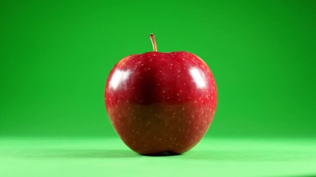 Juicy red apple with stem against a vibrant green background