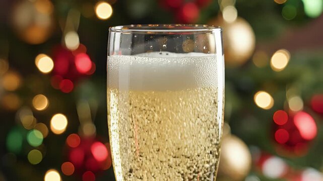 A glass of champagne is being filled against a blurred festive Christmas tree light background.