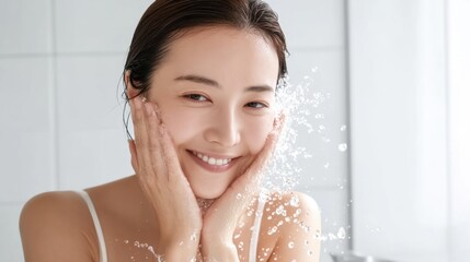 Naklejka premium Japanese Woman Washing Her Face with Water in a Bright Bathroom Setting