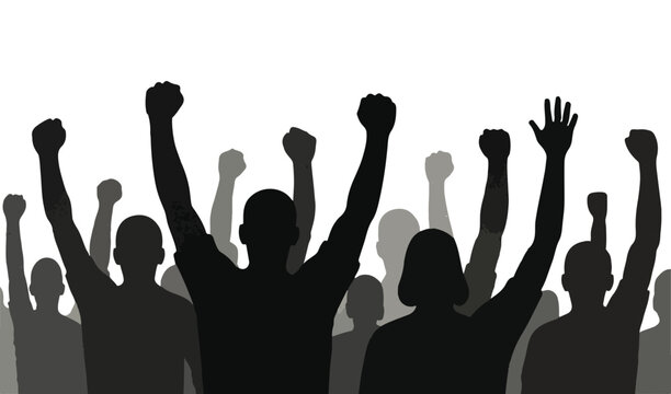 Silhouettes of people with raised fists crowd protest
