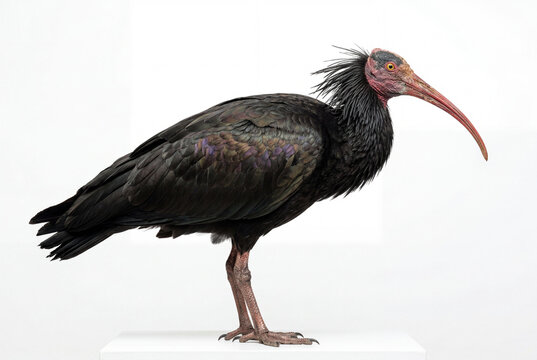 Side profile of Northern bald ibis bird with dark iridescent plumage isolated on a white background