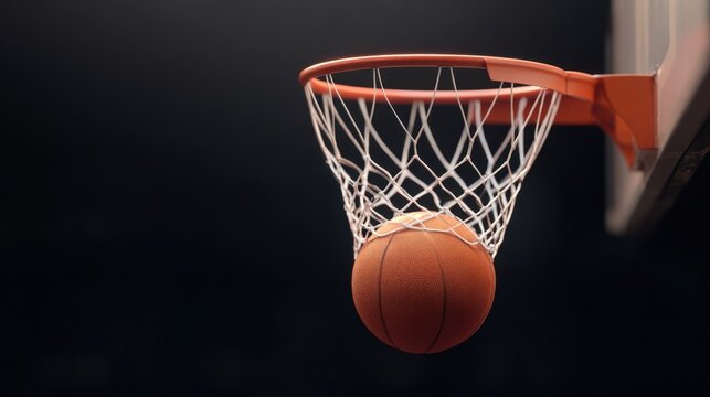 Basketball Going Through the Net in a Dramatic Indoor Setting with a Focus on the Hoop and Ball Mid-Action