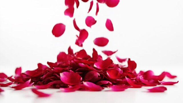 Crimson rose petals cascading gracefully onto a white surface, creating a romantic floral display