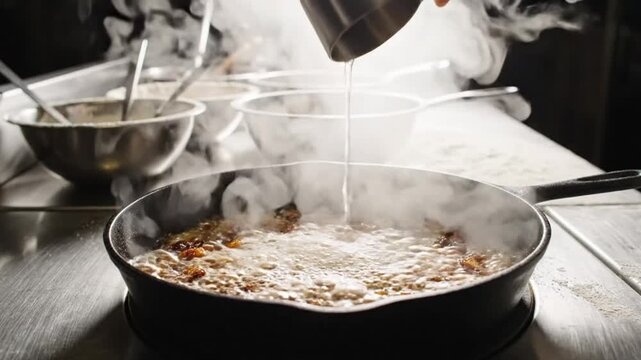 Chef adding liquid from a measuring cup into a sizzling pan of ingredients on a commercial stovetop in a kitchen setting