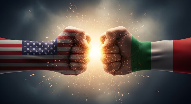 Clash of nations american and italian flags in a symbolic fist bump