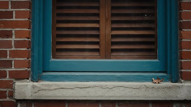 A close-up shot captures a weathered brick building with a teal-framed window featuring wooden shutters and a single fallen leaf resting on the windowsill.