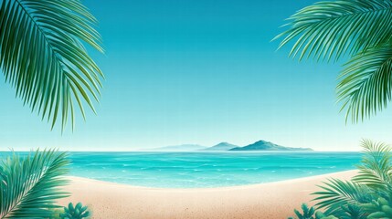 Obraz premium Tropical beach scene with palm leaves, turquoise water, and a clear blue sky.