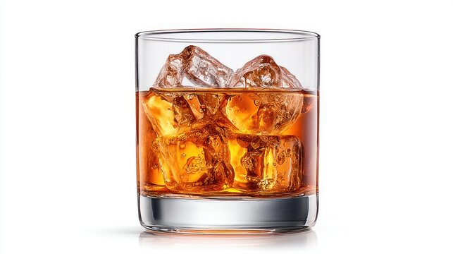 Whiskey on the rocks in a classic rocks glass against a clean white background