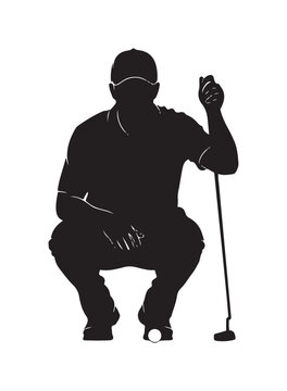 Silhouette of a golfer crouching with a putter and ball.