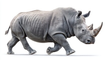 Obraz premium A powerful white rhinoceros walking on a white background, isolated