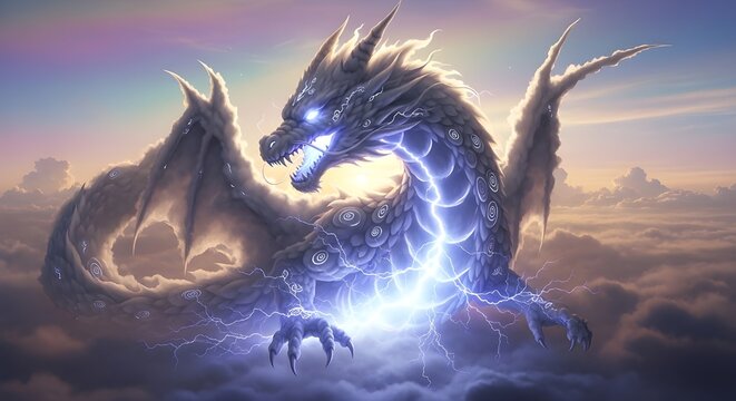 A powerful eastern-style dragon with intricate scales and patterns, glowing with brilliant blue lightning energy, soaring majestically above a sea of clouds against a soft gradient sky.