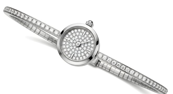 Stunning ladies' wristwatch with a delicate bangle design, entirely paved with brilliant diamonds on the dial and band, set in polished silver metal for ultimate sophistication and sparkle.