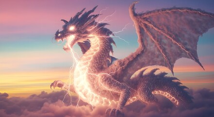 Fototapeta premium A magnificent mythical dragon glowing with intense golden lightning energy, soaring high above fluffy clouds against a vibrant gradient sky of pink, purple, and gold.