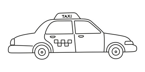 Taxi car icon, black and white outline vector illustration with taxi lettering. Coloring book clipart for kids, urban transport and city vehicle line art, isolated clipart on white background © Elena