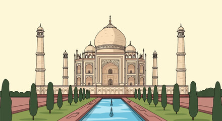 Fototapeta premium Vector flat illustration of the Taj Mahal in Agra, India, featuring the white marble mausoleum building, four minarets, central dome, green cypress trees, and garden reflection pool.