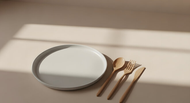 Golden cutlery set beside an empty plate on a table indoors.