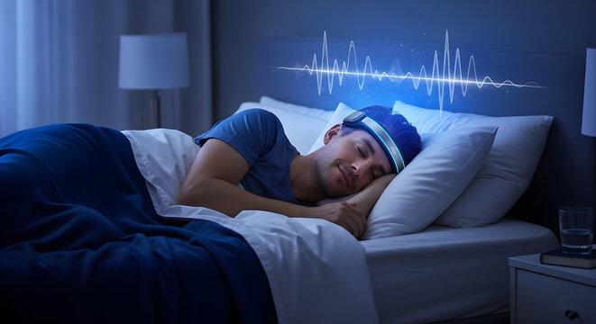 A man wearing a sleep tracker lies peacefully in bed at night with a calm expression