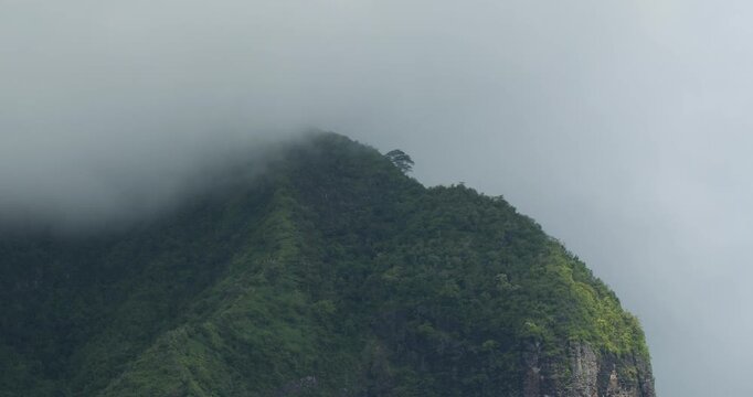Peak of Mount Rotui covered by clouds, view from Opunohu Bay, island of Moorea, French Polynesia.