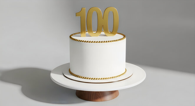 One hundred birthday cake with gold topper isolated on white background