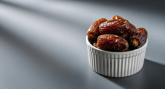 Fresh sweet dates in a white ramekin bowl on a dark gray surface