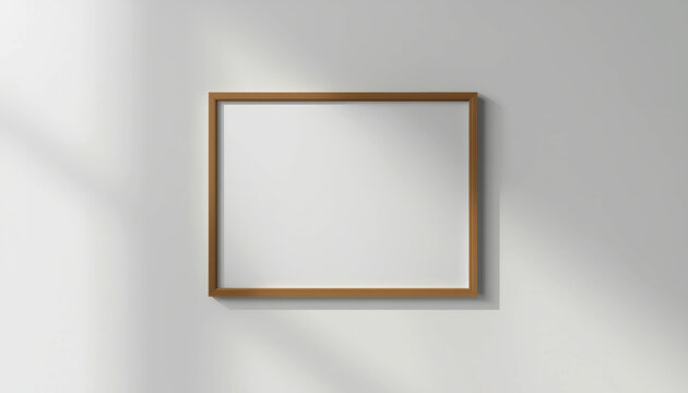 A blank picture frame hangs on a white wall with natural light shining on it