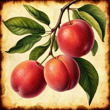 Vintage botanical illustration of Pluot or Aprium hybrid fruit branch with leaves on aged parchment background.
