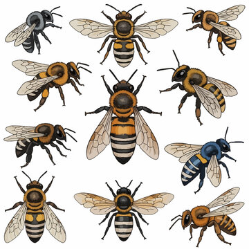 Collection of detailed bee illustrations including honeybees and carpenter bees shown from multiple angles such as top-down and side profile views isolated on a white background.