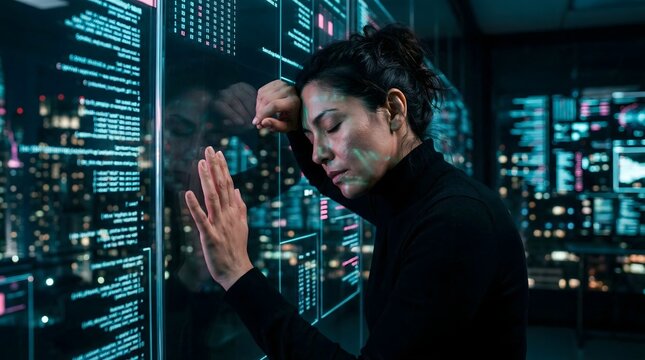 Tired female IT professional overwhelmed by cybersecurity alerts