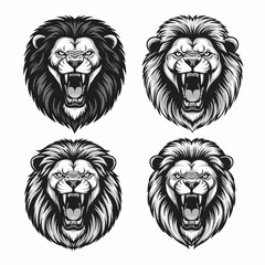 Obraz premium Set of four black and white vector illustrations of roaring lion heads with open mouths and sharp teeth, mascot style lion face logos isolated on a plain white background.