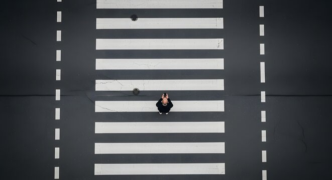 Aerial top view of a man using a smartphone while standing on a pedestrian zebra crossing, distracted walking concept