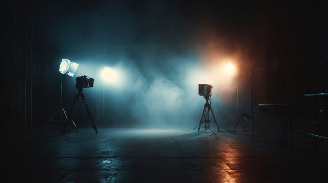 Studio spotlight setup for film production background with blurred led lights and atmospheric smoke in dark room, cinematic lighting equipment scene for photography, videography and creative studio ba