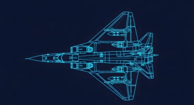 Futuristic neon blue wireframe blueprint of a fighter jet aircraft on dark background for aerospace and aviation technology concept