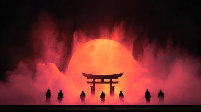 Silhouette of samurai warriors standing before a torii gate at sunset
