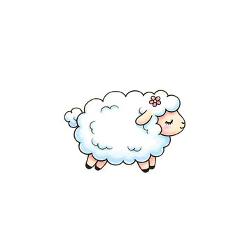 Cute cartoon sheep with a flower in its hair, isolated on white background.