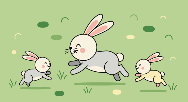 Cartoon bunnies running happily in green field illustration; cute rabbit family enjoying springtime in fun pastel design