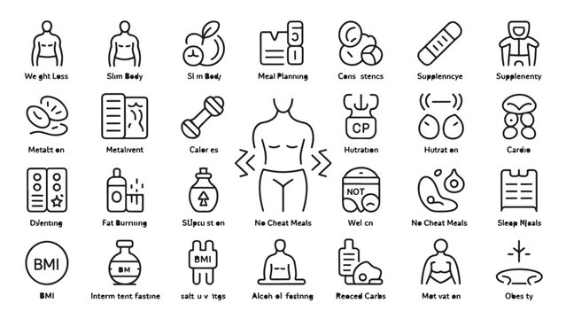 Line-style fitness and health icon set with exercise, diet, and body management symbols.