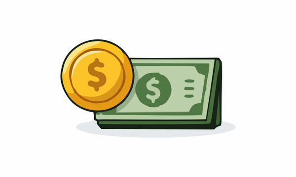 line art color of gold dollar coin and a stack of paper bills cartoon illustration