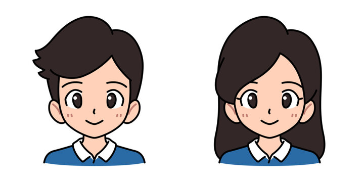Cute cartoon avatar set of man and woman in blue polo shirt uniform.