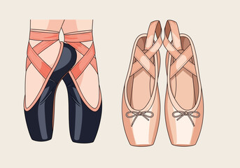 Vector Illustration of Ballerina Feet en Pointe in Black Shoes and a Pair of Classic Pink Ballet Pointe Shoes © Nastya