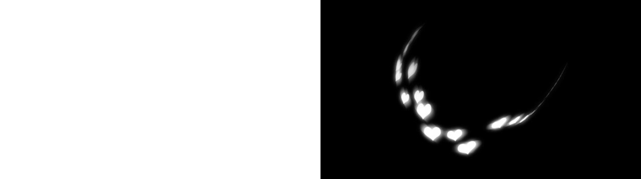U-shaped trail of white glowing hearts on transparent background and black background