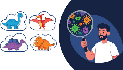 Cartoon dinosaur characters with scientist holding magnifying glass analyzing microbes and viruses science education vector illustration concept © Jahangir