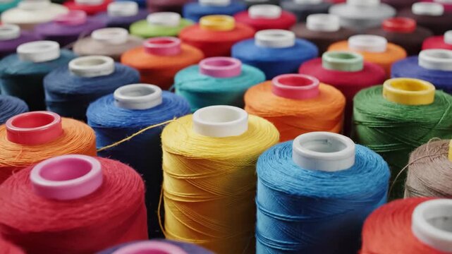 Close up of many colorful sewing thread spools in rows
