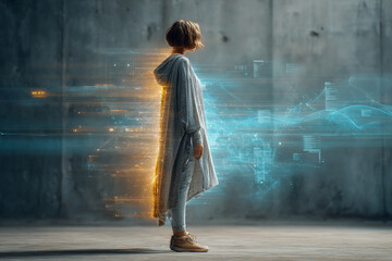 Obraz premium Woman interacting with futuristic digital interface and data streams in augmented reality