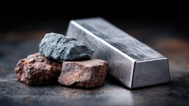 Silver bar with iron ore rocks on a dark, textured surface